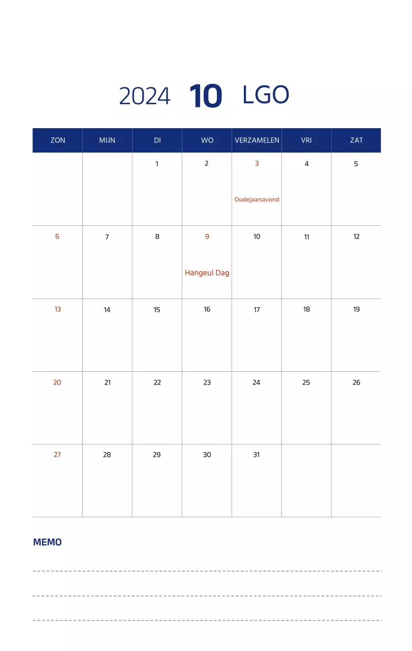 Eenvoudige kalender met strakke illustraties in blauw