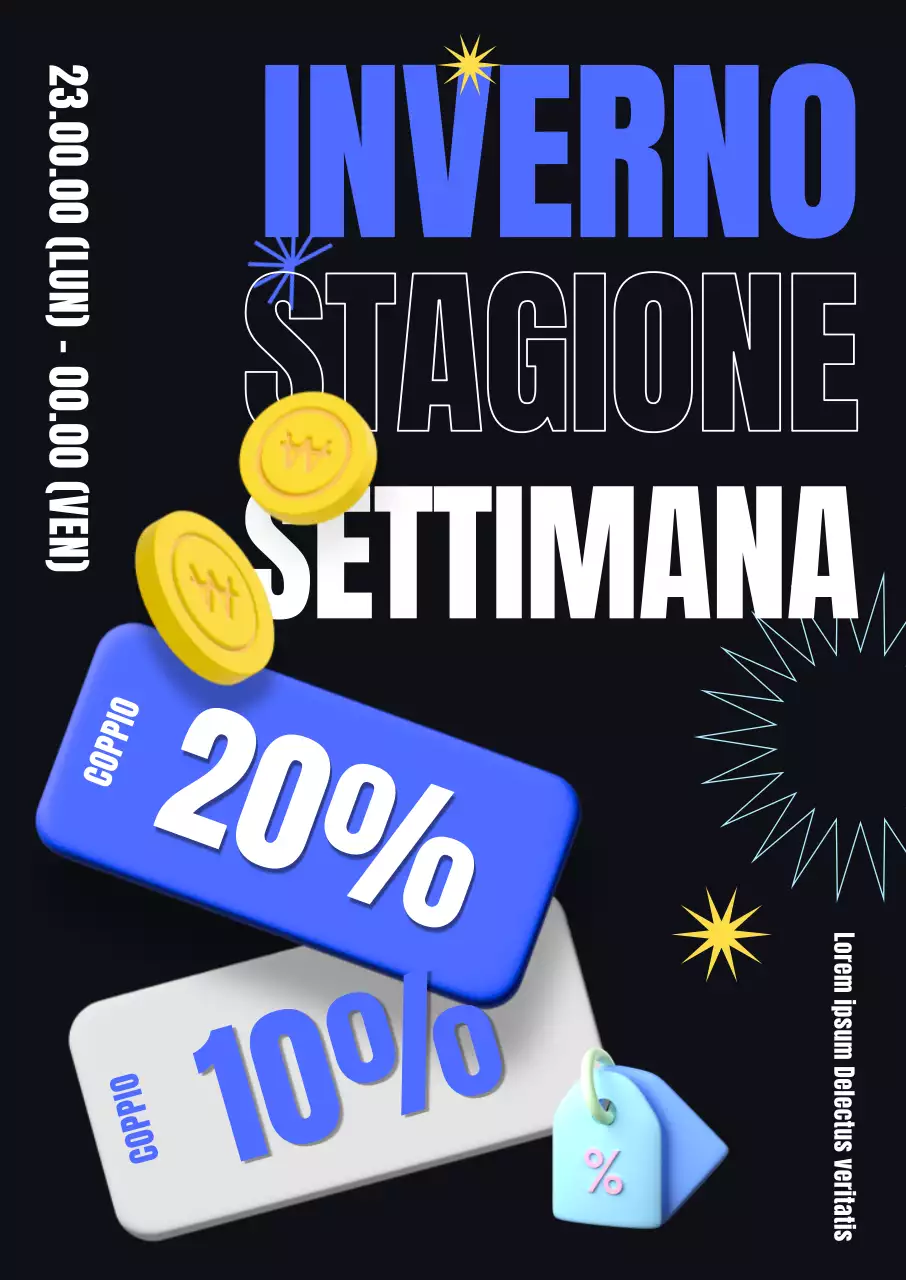 Layout di font elegante e di tendenza e icone di coupon in 3D per le offerte della Settimana della Stagione Invernale