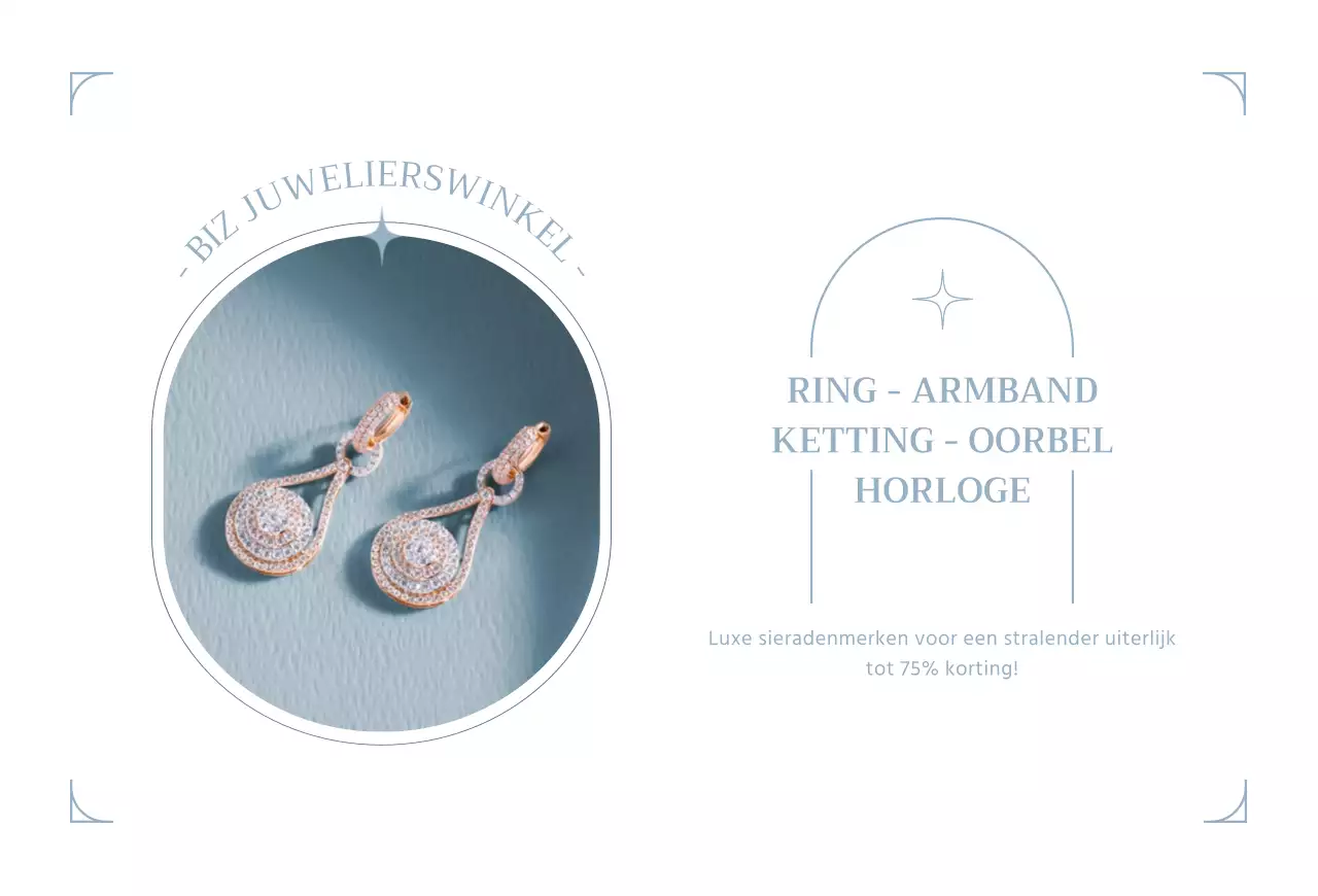 Een ansichtkaart ter promotie van de grote opening van een juwelierswinkel in lichtblauwe tinten