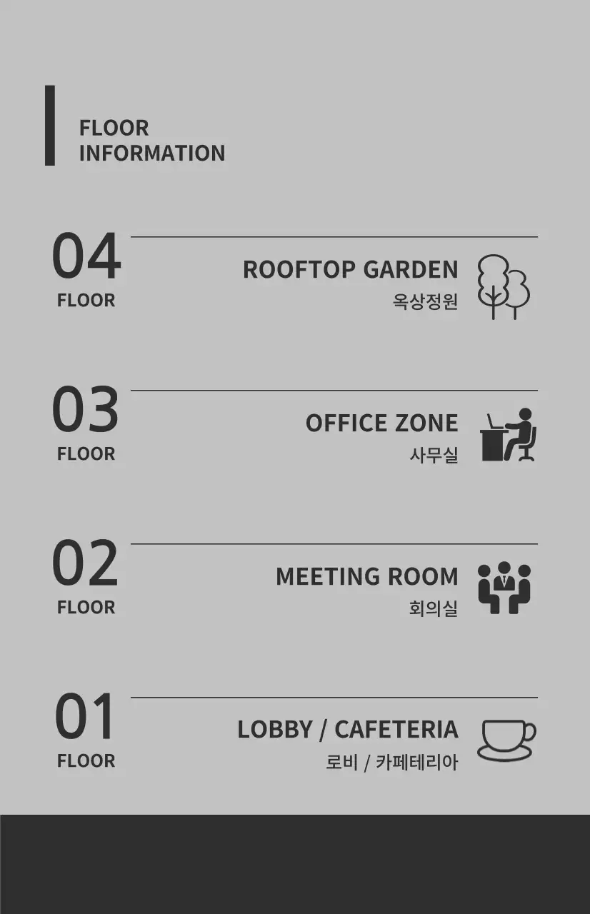 그레이와 다크그레이 색상의 조합으로 아이콘과 층별 안내가 기재된 윈도우 플래그