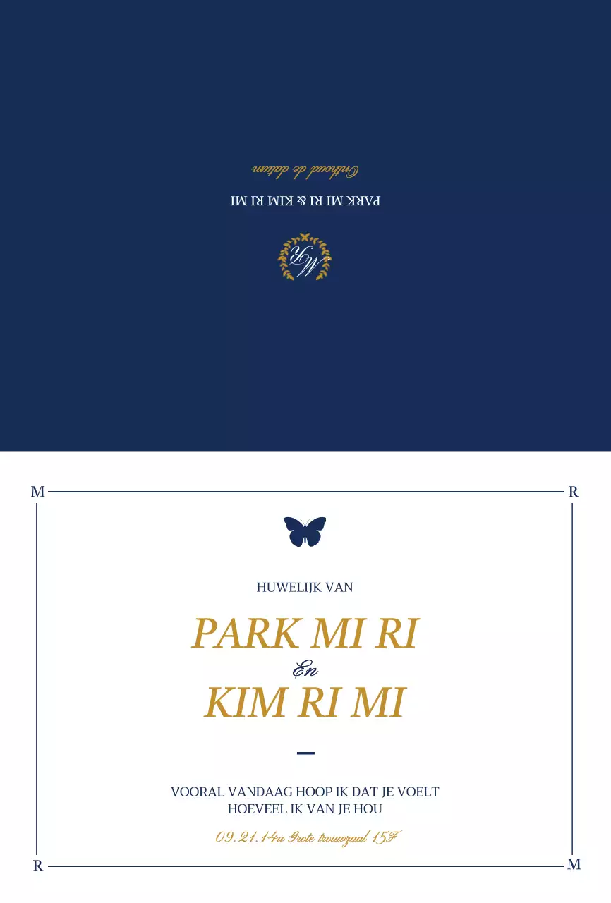 Klassiek ontwerp huwelijksuitnodiging met vlinderillustraties in wit en marineblauw