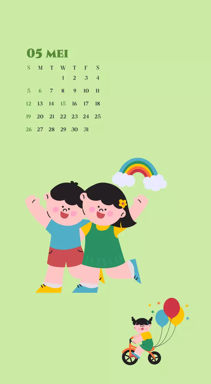 Kalender met jeugdillustraties op een gele en groene achtergrond