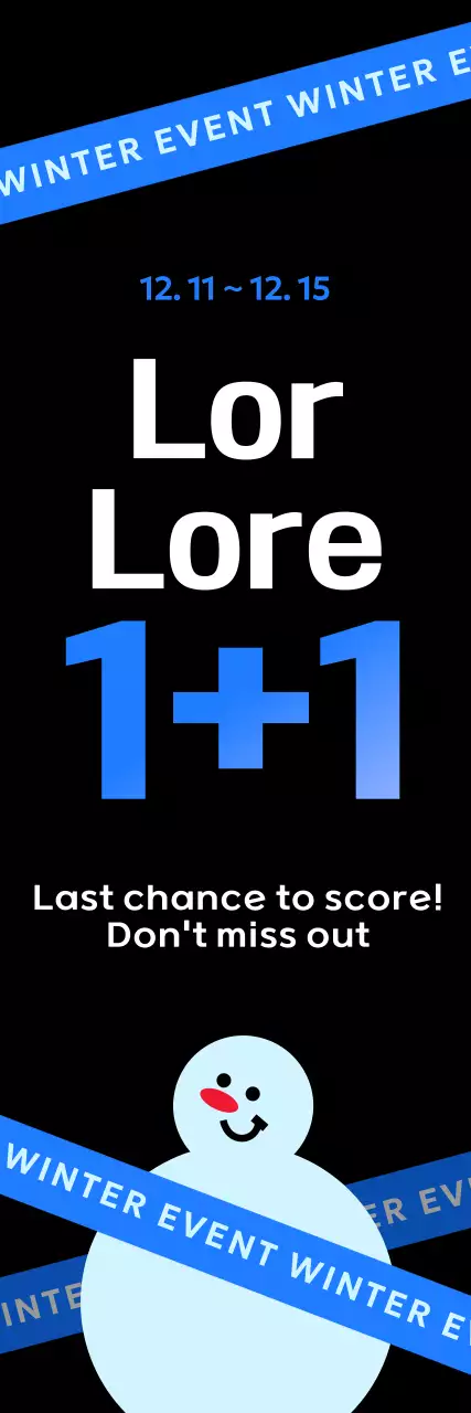 Highlighted buy one get one free winter promotion with a snowman graphic with blue color points on a black background