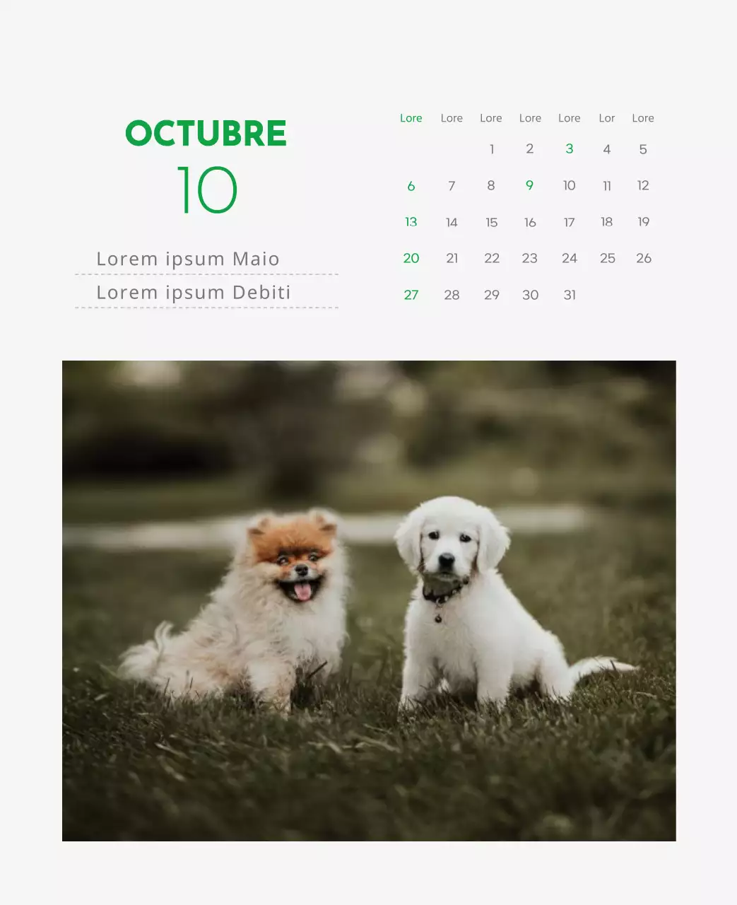 Un calendario con la imagen de un cachorro y un bonito mensaje en tonos verdes.