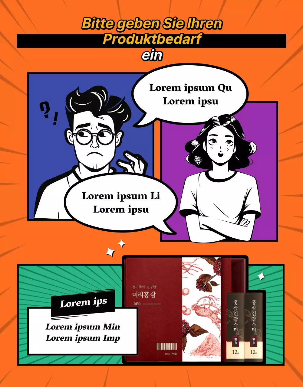 Eine Produktwerbung im Retro-Cartoon-Stil in Rot und Regenbogenfarben