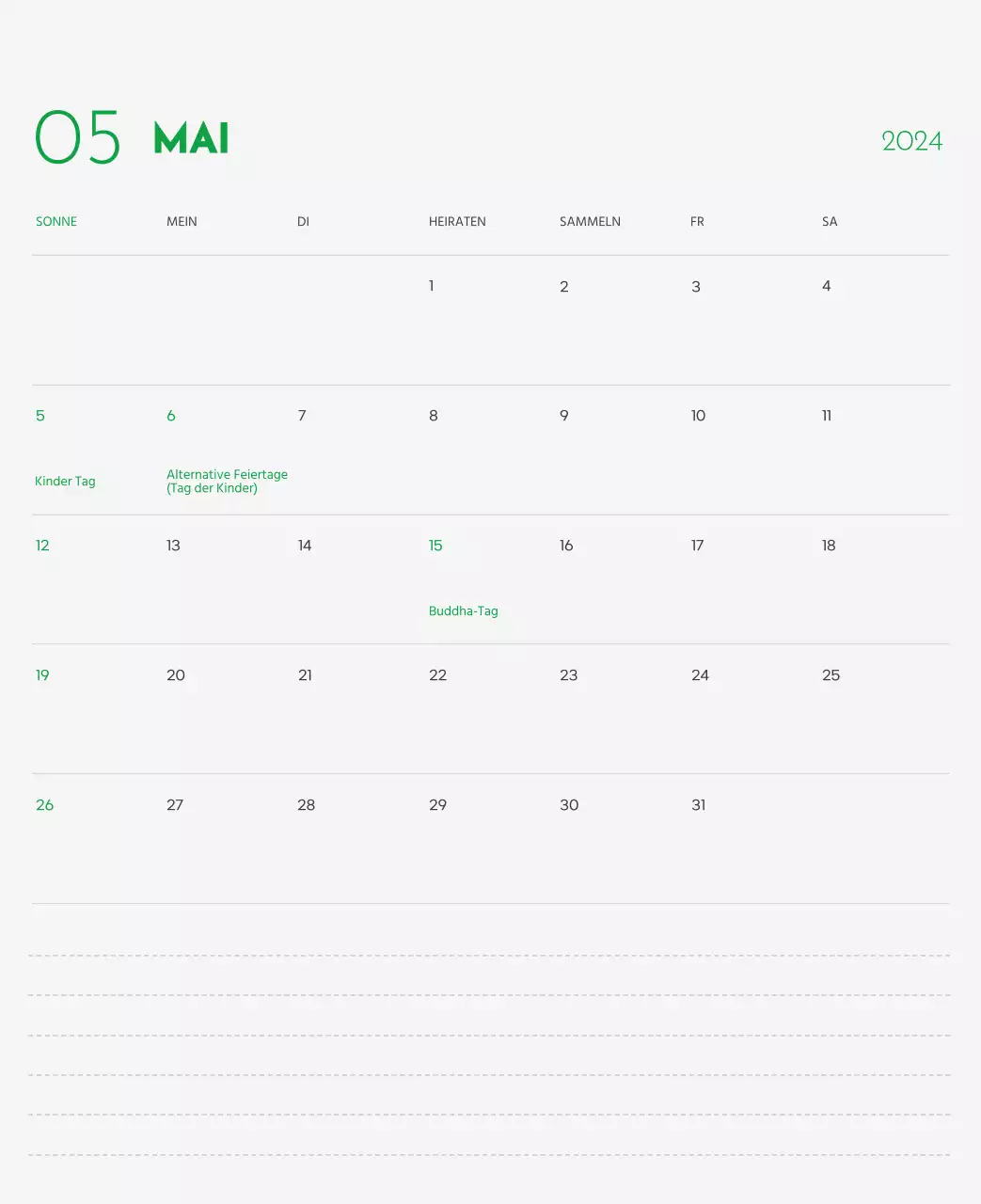 Ein Kalender mit einem Bild eines Welpen und einer niedlichen Botschaft in grünen Akzenten