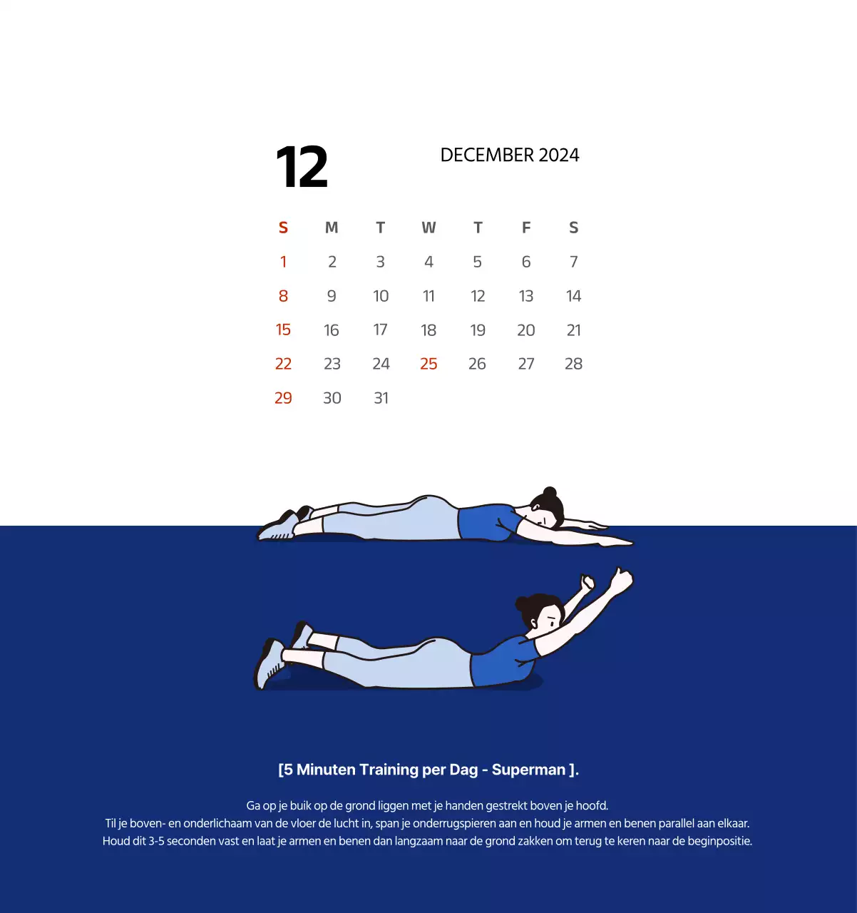 Eenvoudige kalender met strakke illustraties in blauw