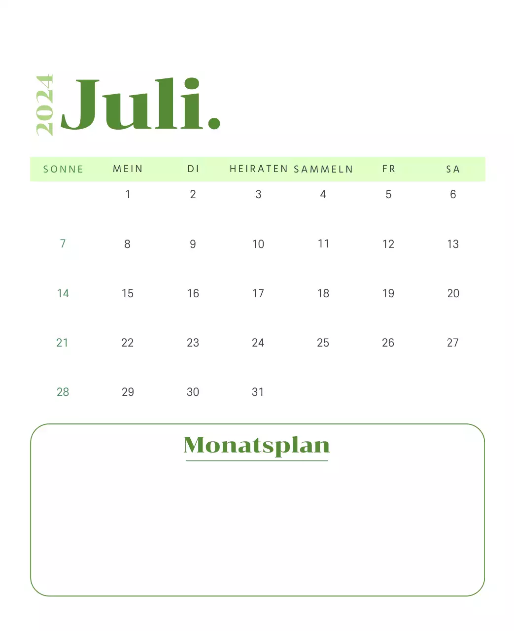 Kalender mit Jugendillustrationen auf gelbem und grünem Hintergrund