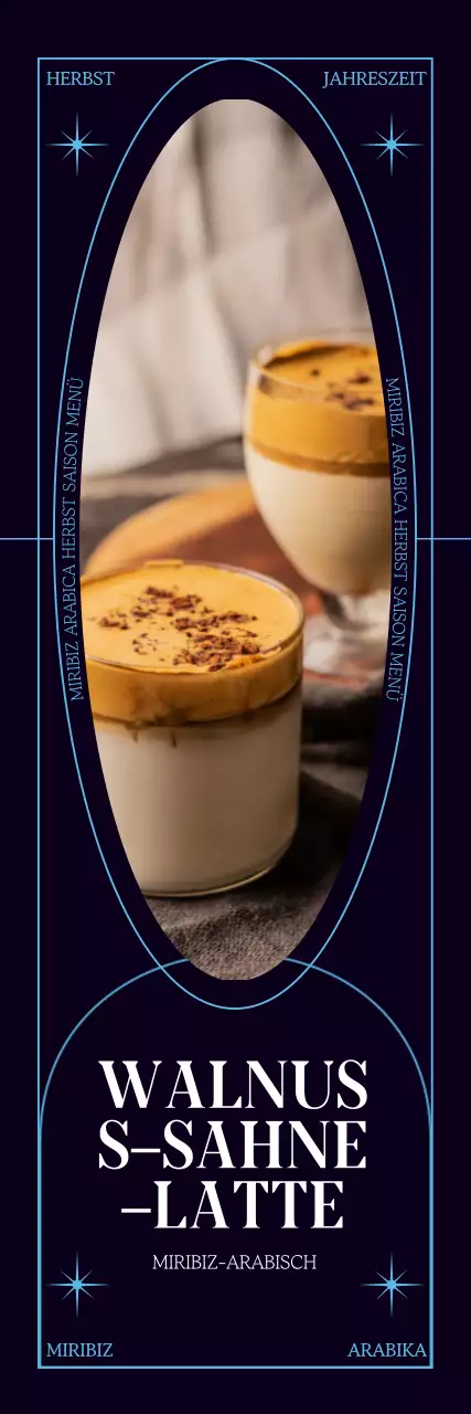 Das neue Herbst-Café-Menü, ein einfaches, gerahmtes Konzept mit marineblauem Hintergrund