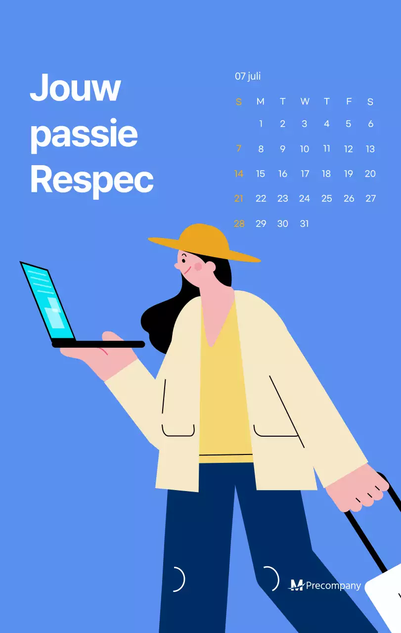 Motiverende kalender met energieke illustraties en positieve citaten op een lichtblauwe achtergrond