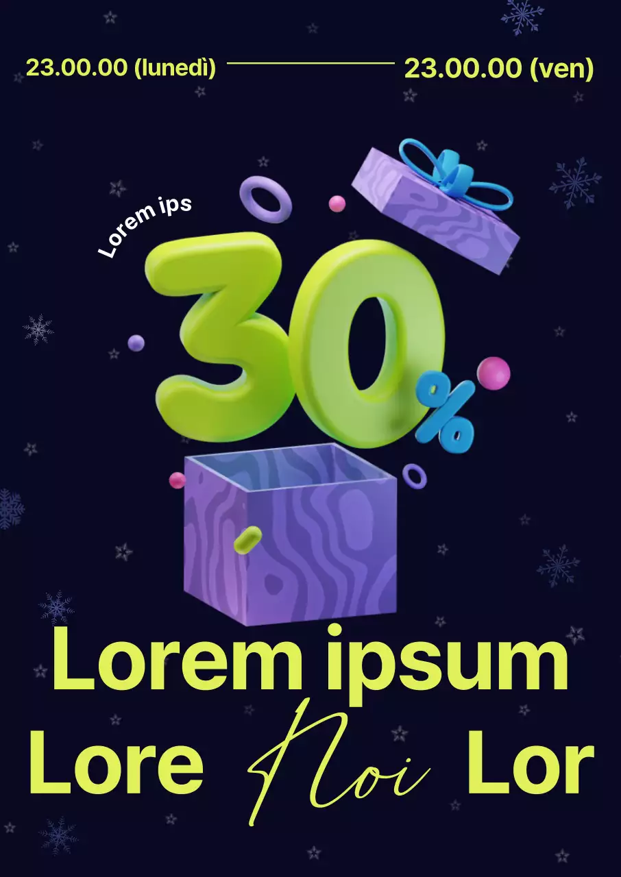 La vendita invernale è caratterizzata da grafiche 3D dai colori vivaci, layout di caratteri audaci e fiocchi di neve.