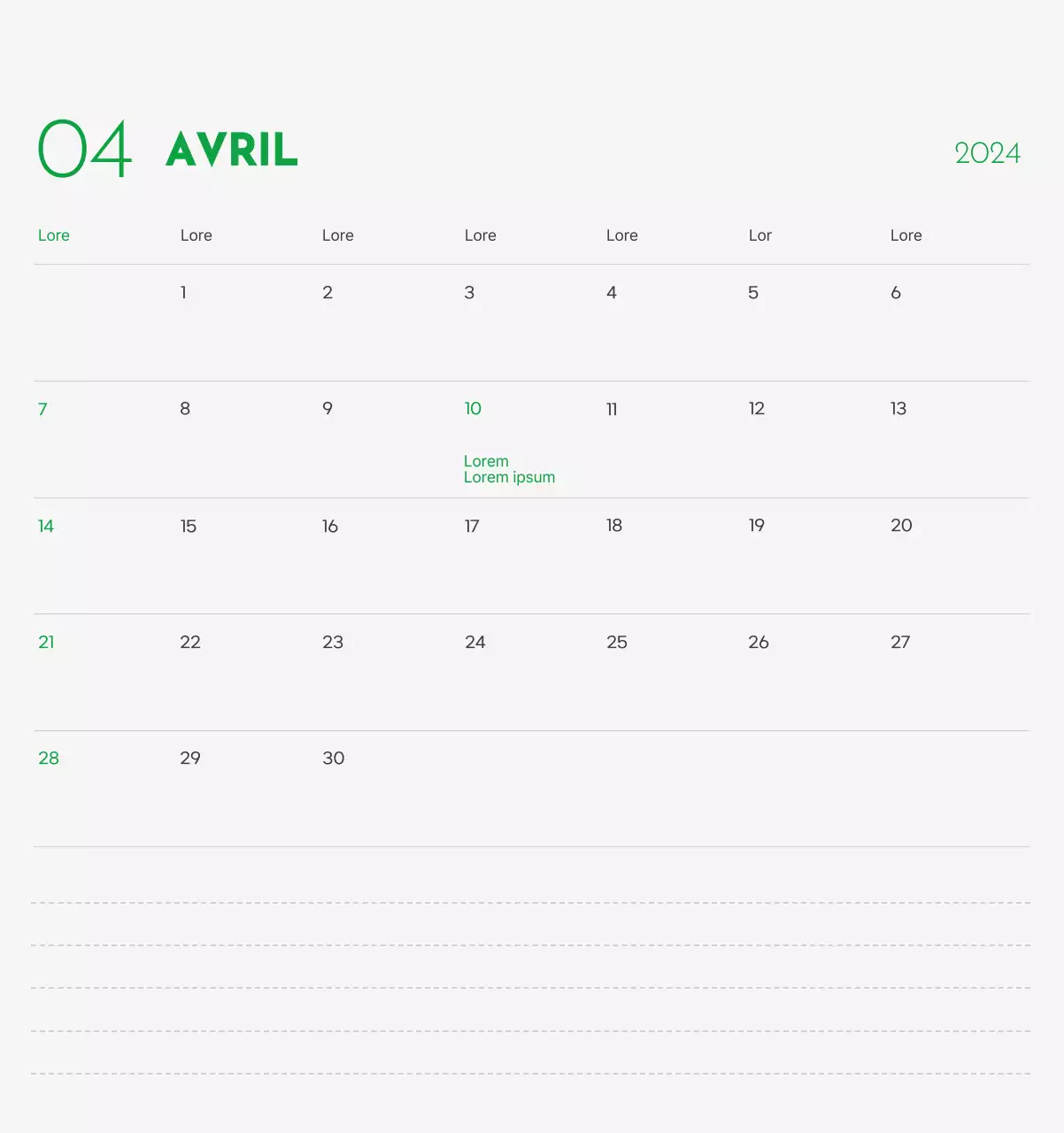 Un calendrier avec la photo d'un chiot et un message mignon aux accents verts.