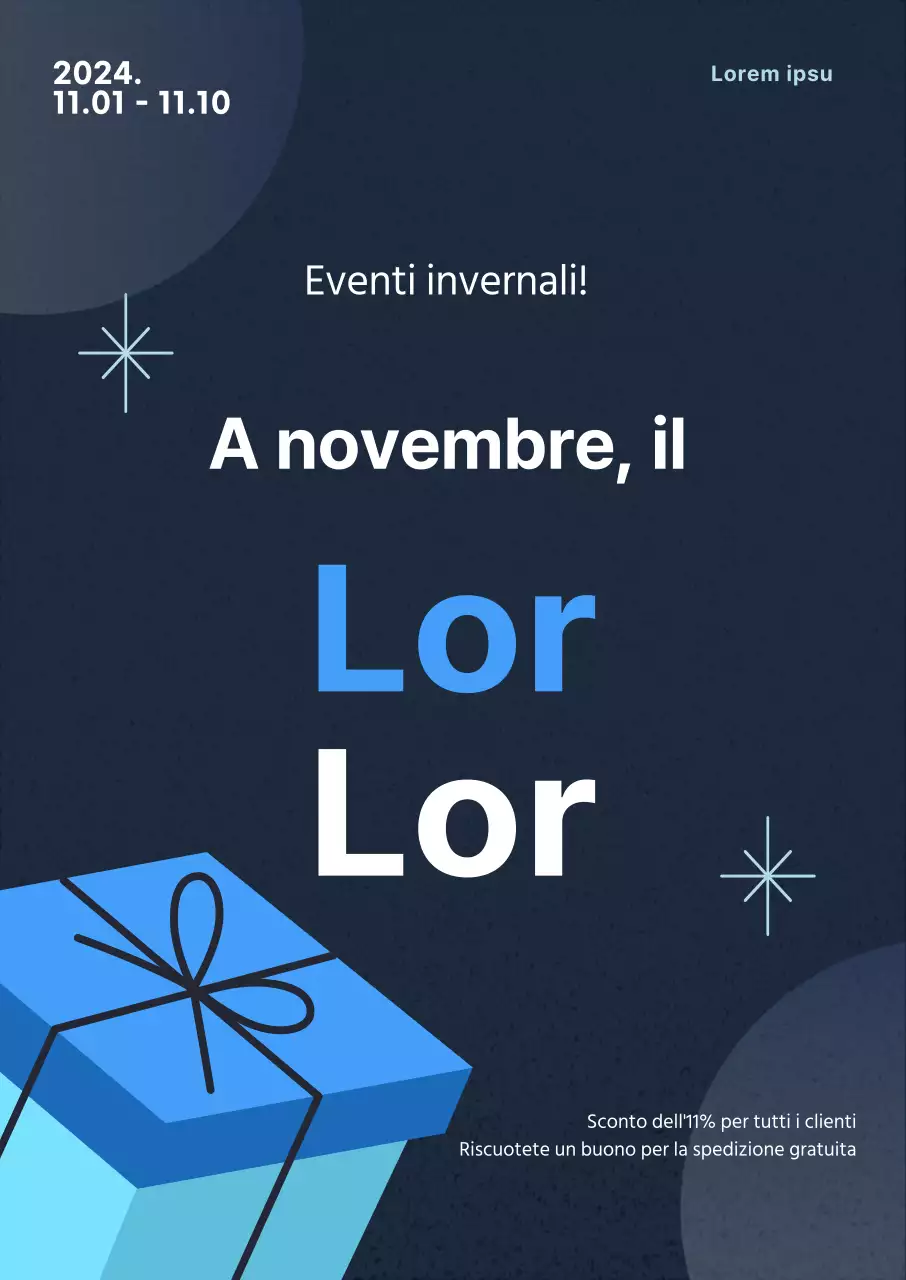 Numeri in evidenza Promozione di novembre con grafica di una confezione regalo con punti di colore blu su sfondo blu.