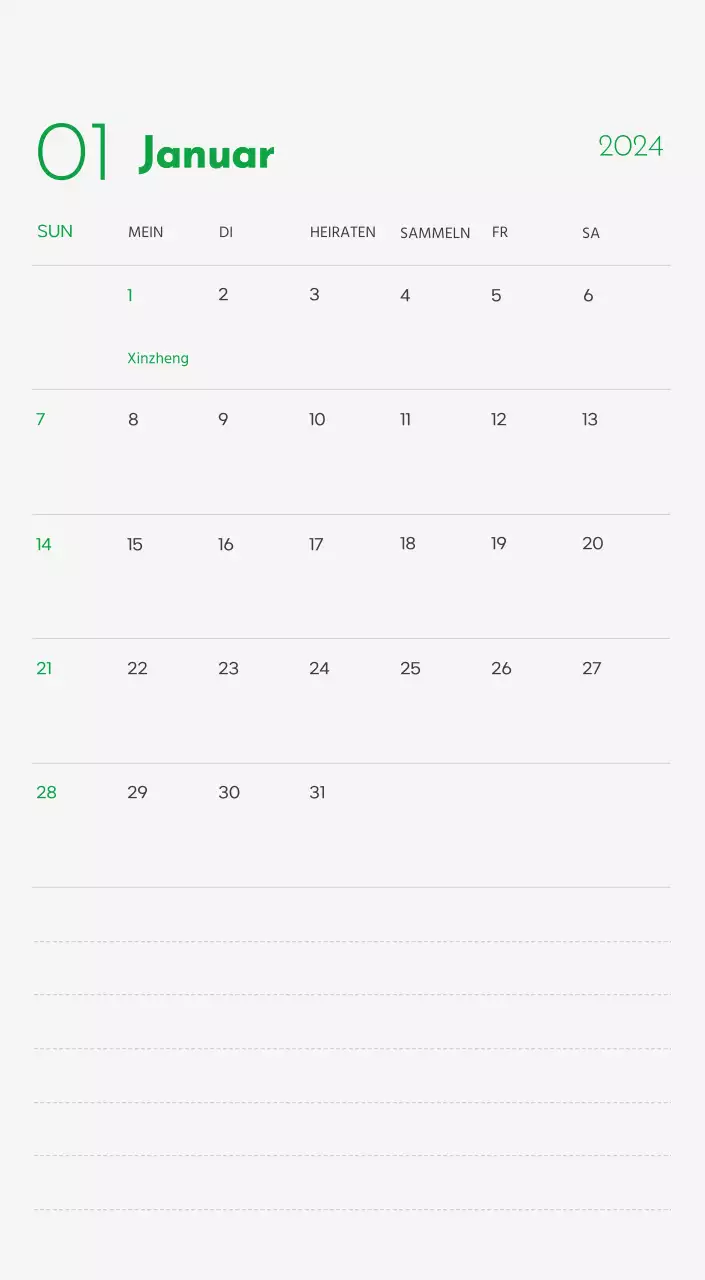 Ein Kalender mit einem Bild eines Welpen und einer niedlichen Botschaft in grünen Akzenten