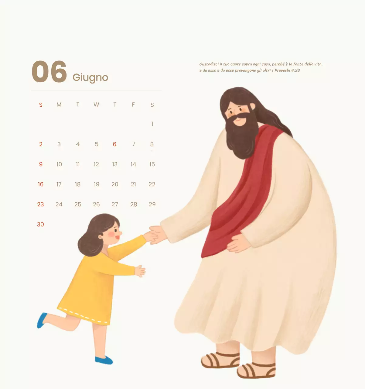 Un calendario devozionale con illustrazioni accoglienti e versetti della Bibbia su uno sfondo blu chiaro
