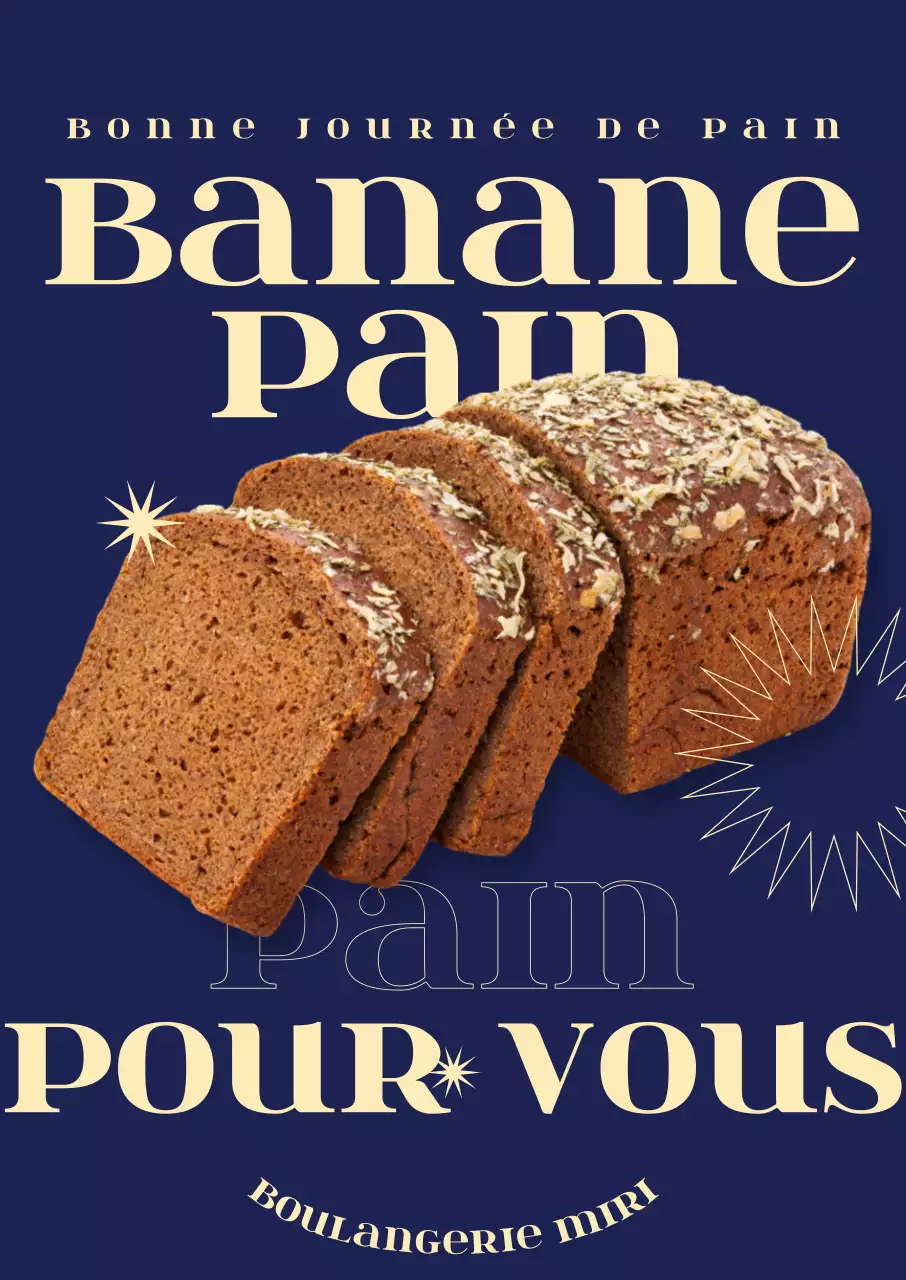Un menu de boulangerie avec des images photoréalistes de pain aux bananes, des mises en page de texte audacieuses et des graphiques géométriques.
