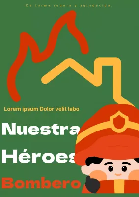 Promociona una sencilla ilustración de un bombero en blanco, amarillo y rojo sobre fondo verde