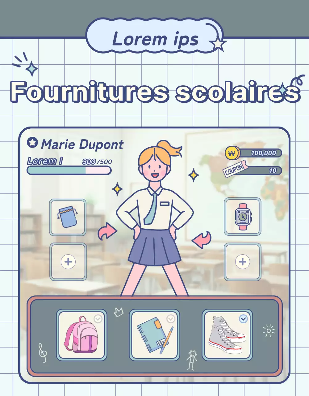 Articles de rentrée scolaire avec des éléments pastel de tableau noir et d'écran de jeu