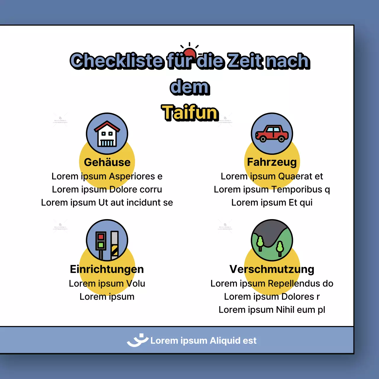 Ein Beitrag über den Umgang mit Taifunschäden in Blau und Gelb