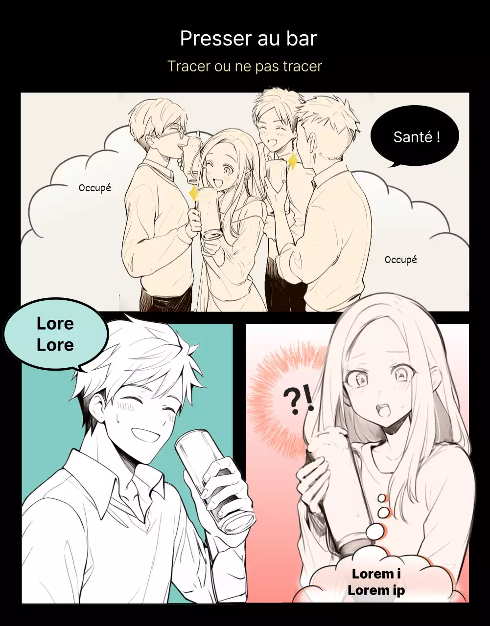 Webtoon représentant l'excitation d'un homme et d'une femme sur un fond noir.