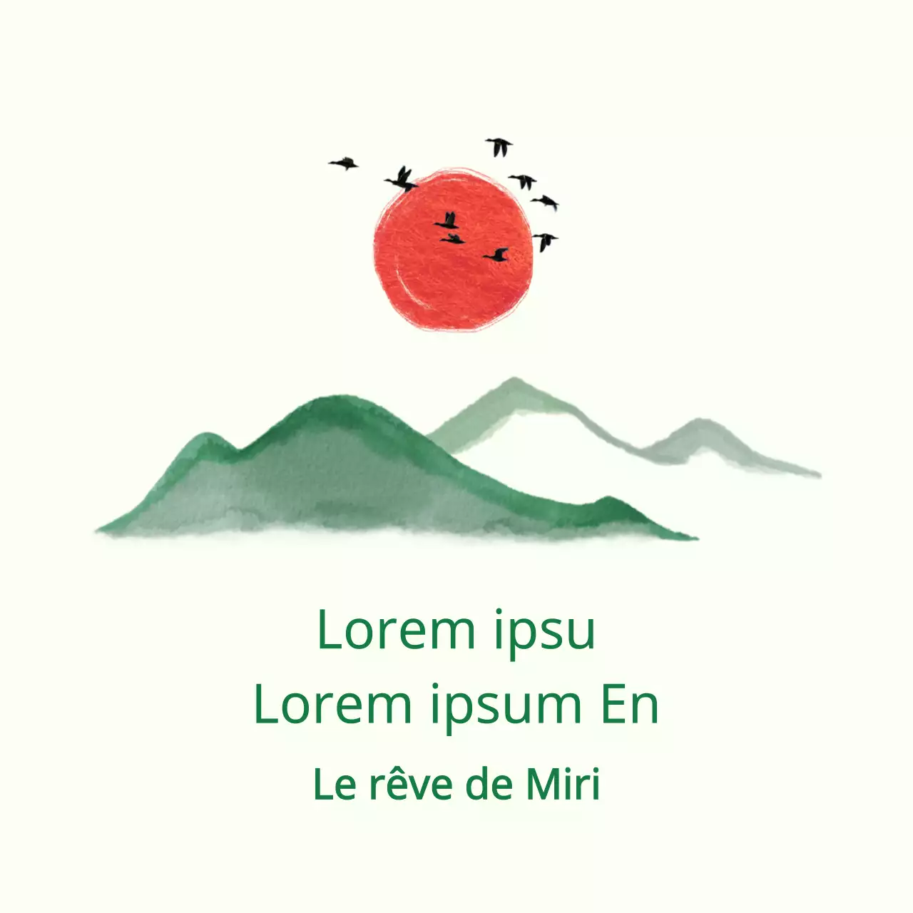 Salutations d'hiver avec des montagnes vertes et un soleil rouge