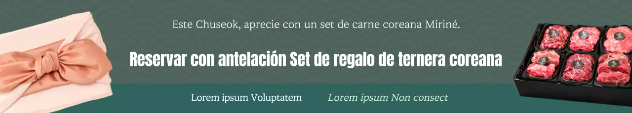 Promoción previa a la reserva de un lujoso lote de regalo de ternera coreana con fondo verde de motivos tradicionales