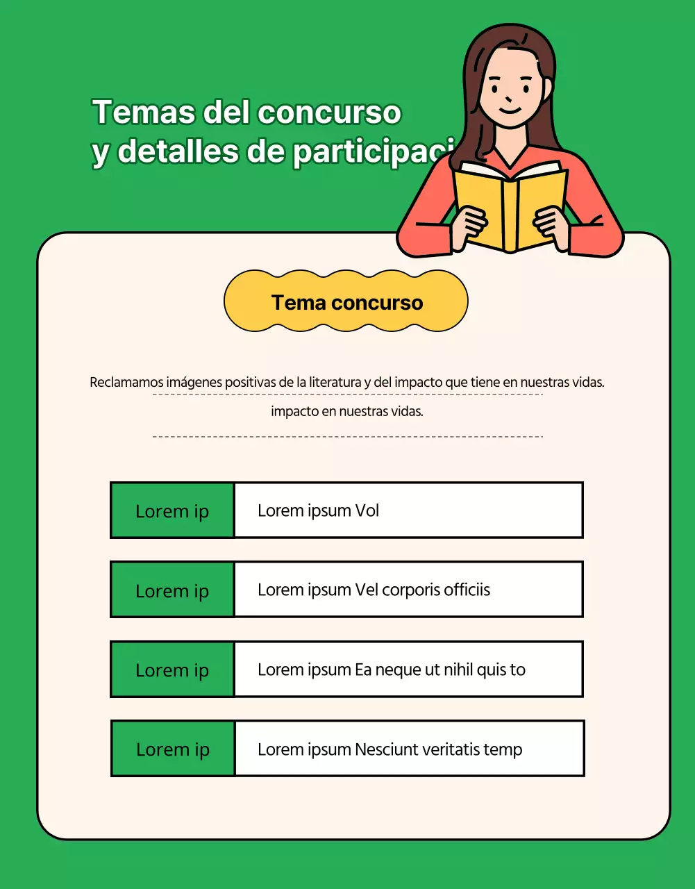 Concurso de eslóganes de ilustraciones de libros verdes y amarillos