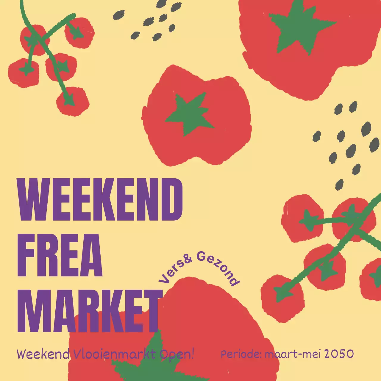 Promoot de opening van een pop met rode en gele tomaten op een boerenmarkt