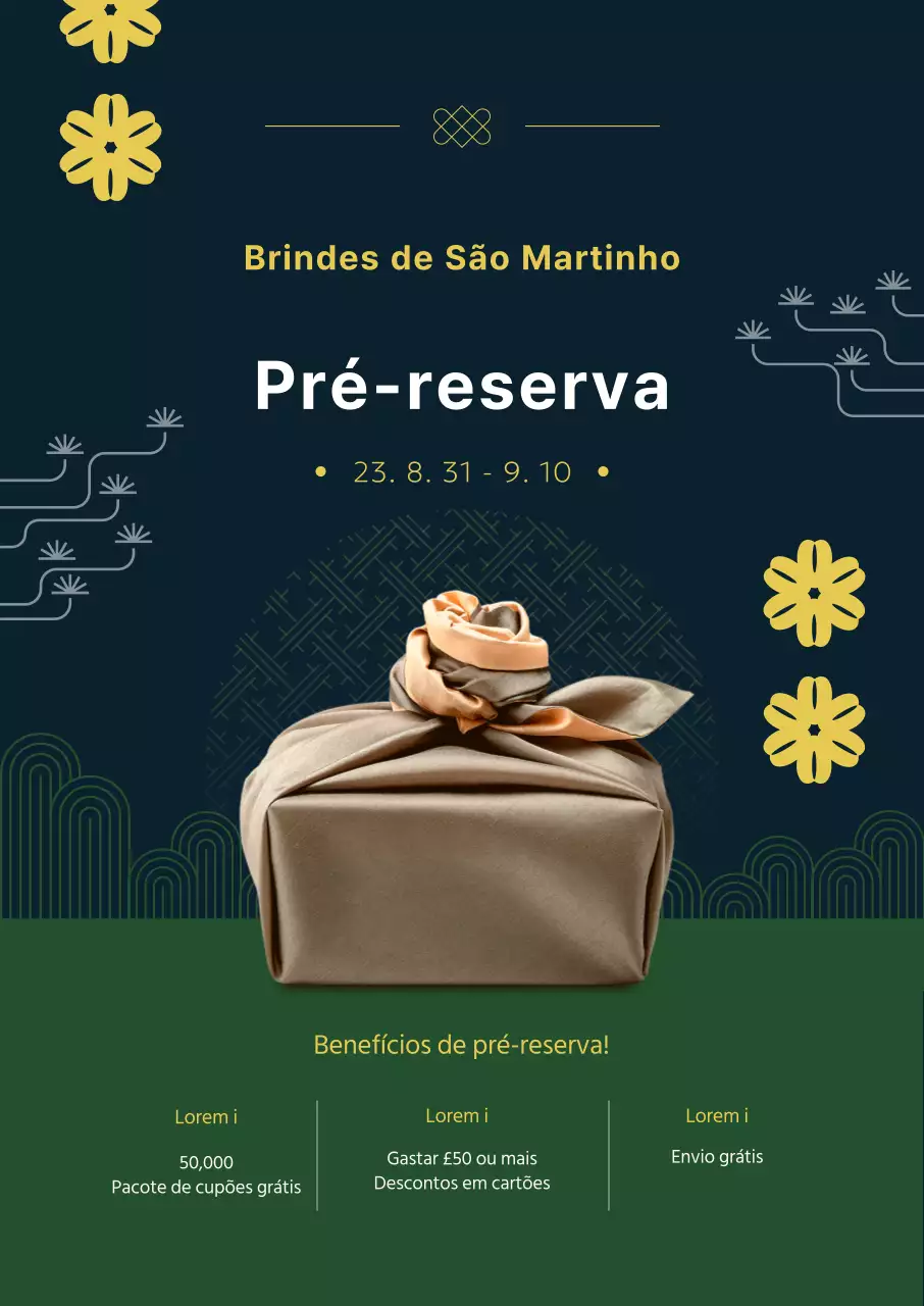 Promoção de pré-reserva de um luxuoso conjunto de oferta Chuseok com padrões tradicionais coreanos sobre um fundo azul-marinho