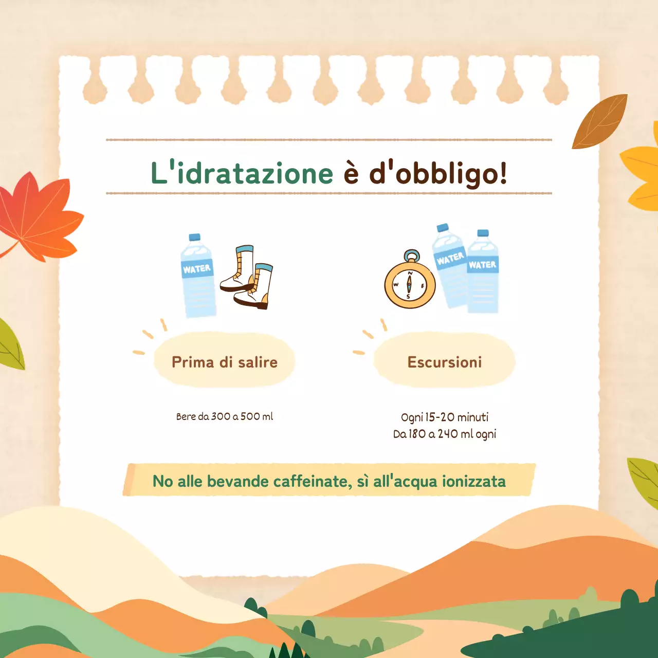 Promuovere precauzioni moderne ed essenziali per l'escursionismo autunnale in arancione e beige