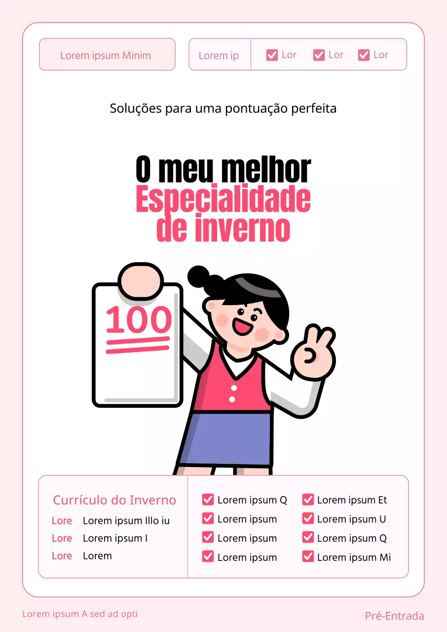 Promover uma escola com um conceito de papel de exame que apresenta uma ilustração de um aluno a segurar um papel de exame cor-de-rosa.