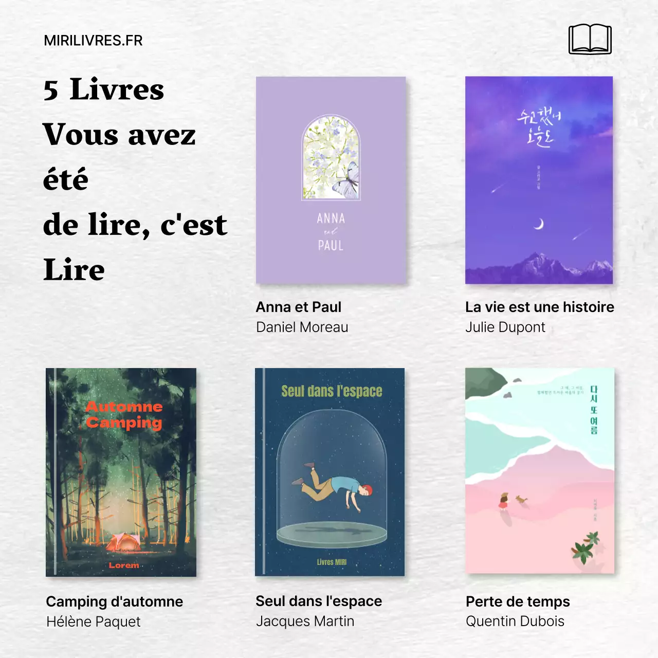 Publicité minimaliste pour la recommandation d'un livre sur fond de papier léger V1