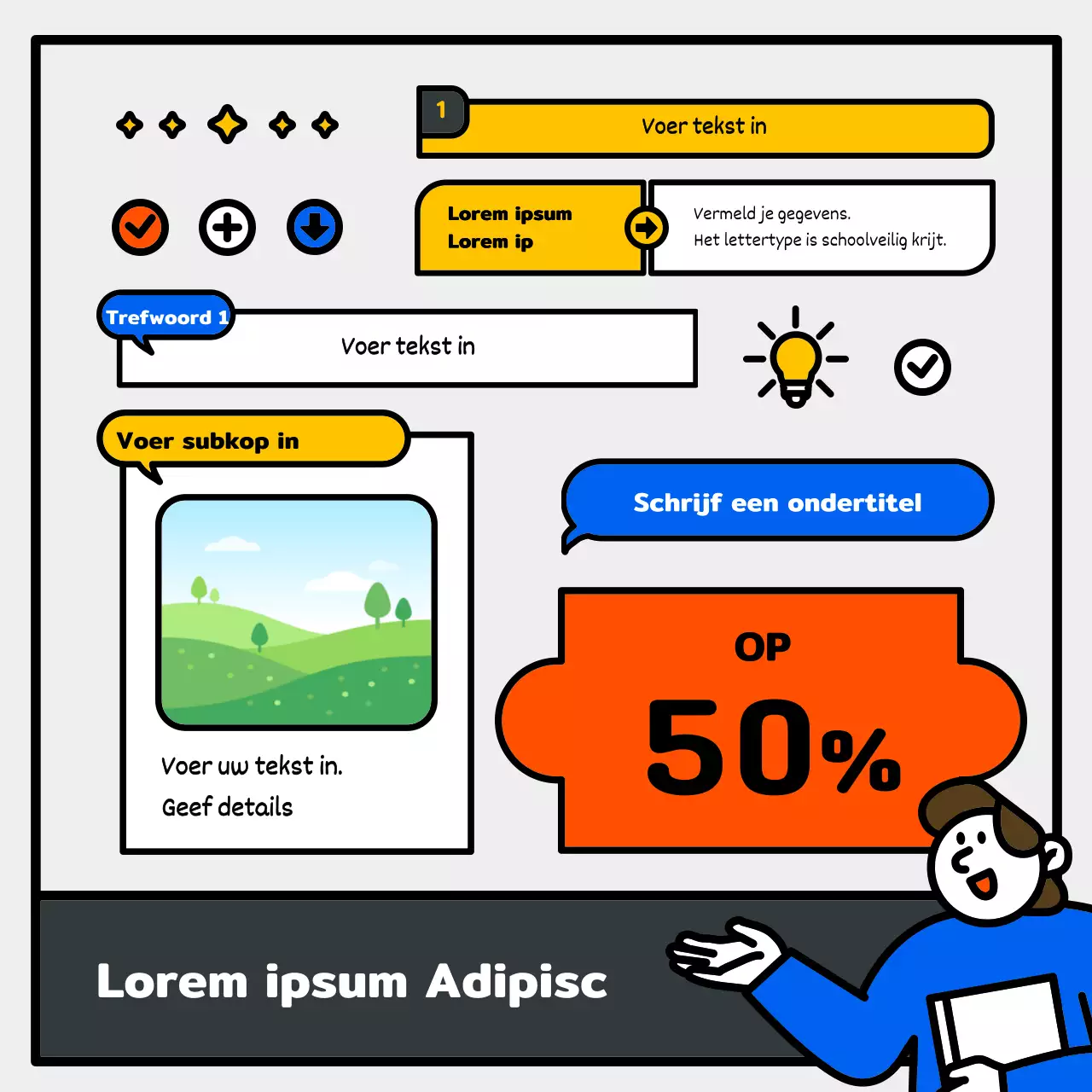 Basic en schattige illustratie met blauwe, rode en gele accenten