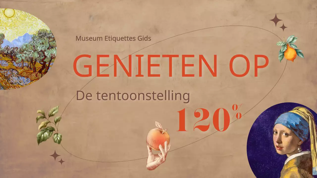 Een luxe kunstgalerijgids met bruine achtergronden en oranje accenten