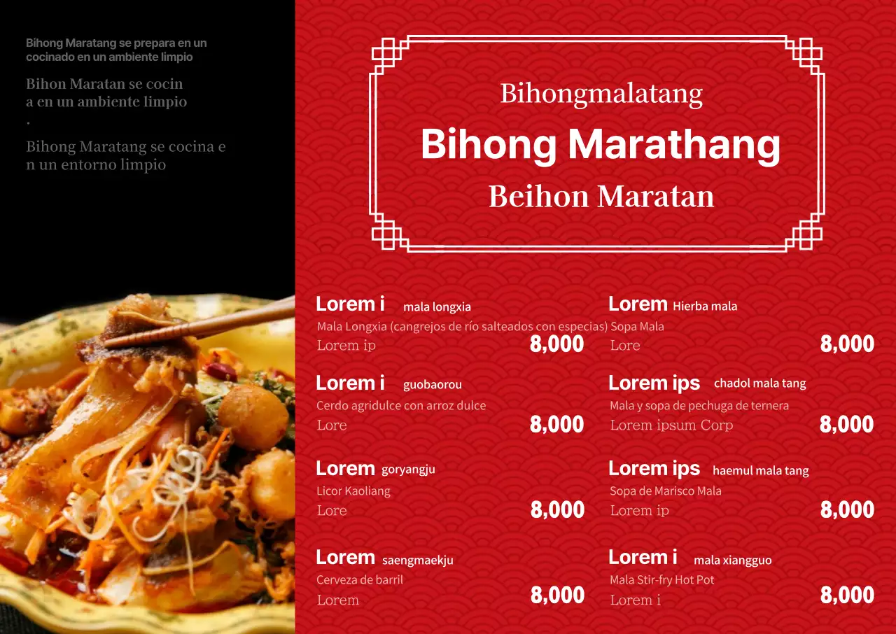 Cartel multilingüe de Maratang Cuisine en rojo con fotos