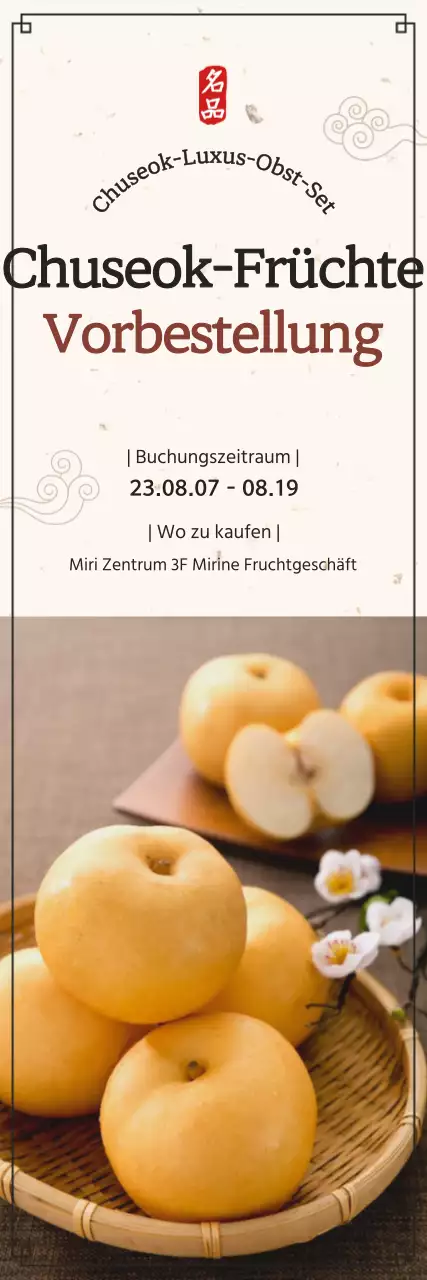 Vorbestellung von Chuseok-Früchten auf einem beigen traditionellen Hintergrund