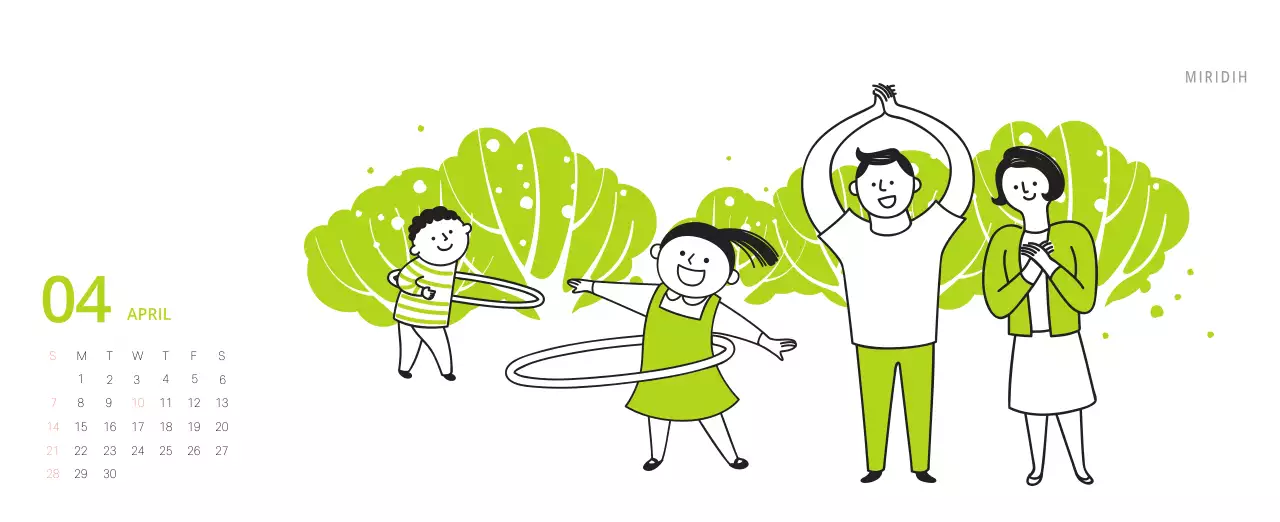 Cute illustration green family themed desk calendar