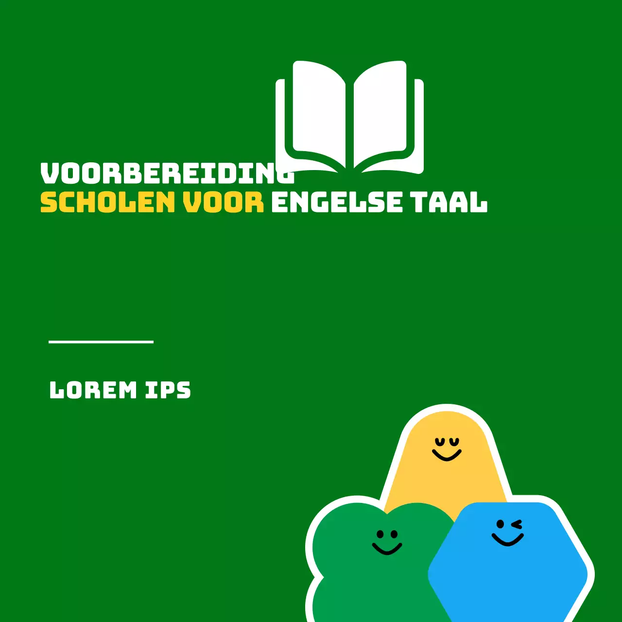 Voor het promoten van een Engelse taalschool voor basisschoolleerlingen met een schattige illustratie van een groen en geel stripfiguur.