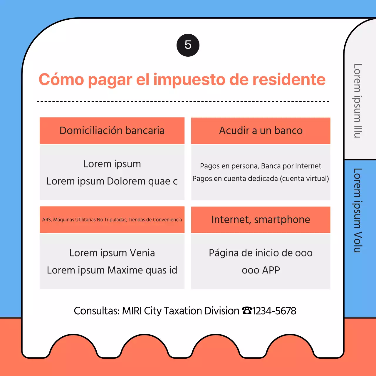 Ilustración en azul claro y naranja de las instrucciones de pago del impuesto de residencia