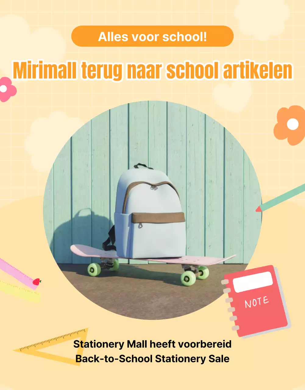 Terug naar school collectie met geïllustreerde schoolspullen op een gele achtergrond