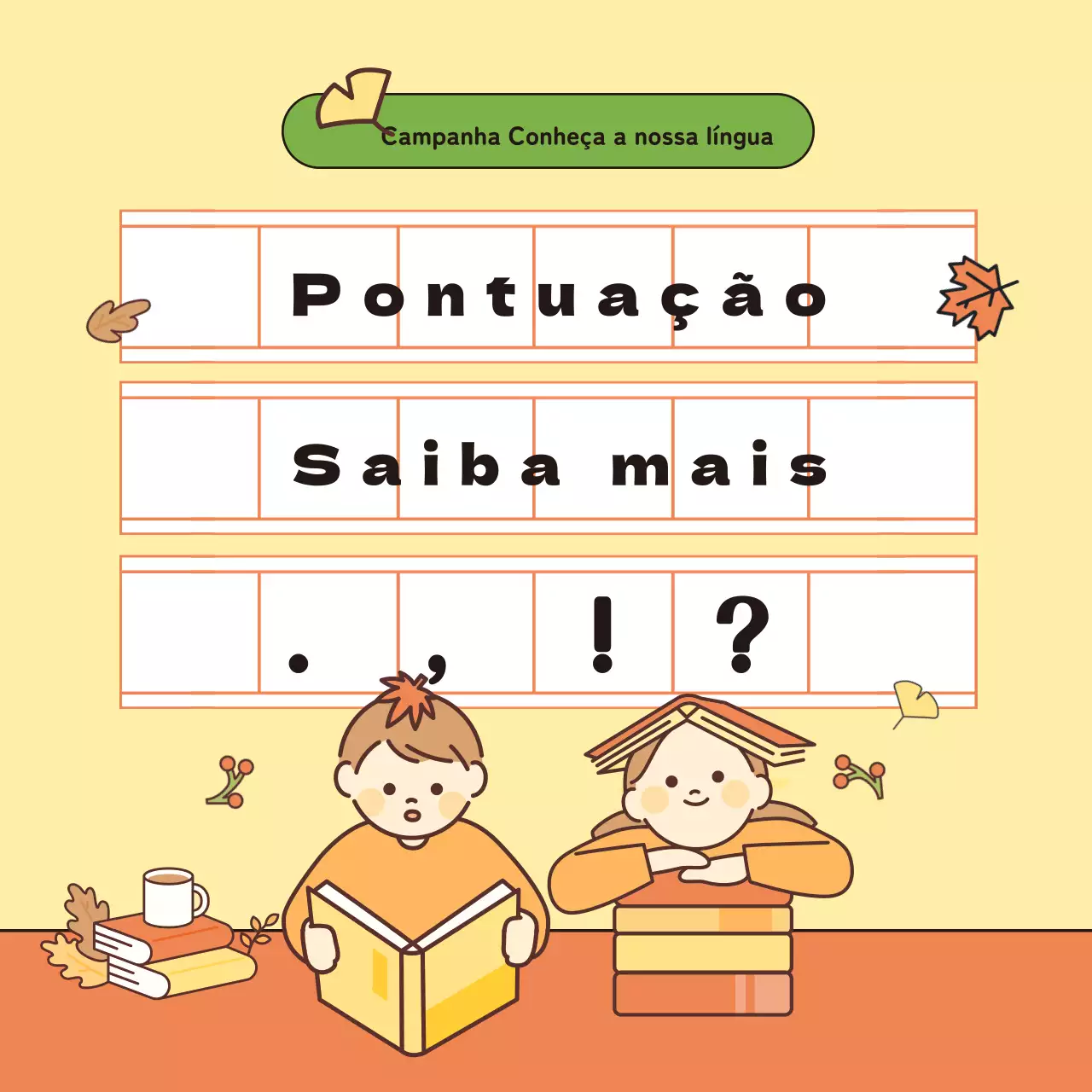 Material didático de língua coreana com ilustrações engraçadas em amarelo e laranja