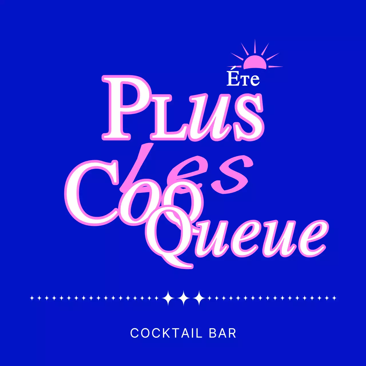 Promotion d'un bar à cocktails avec une illustration de soleil bleu et rose