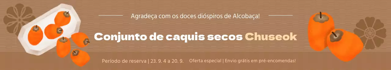 Uma promoção de pré-encomenda de um conjunto de caquis secos Chuseok com uma ilustração a aguarela de caquis secos sobre um fundo castanho
