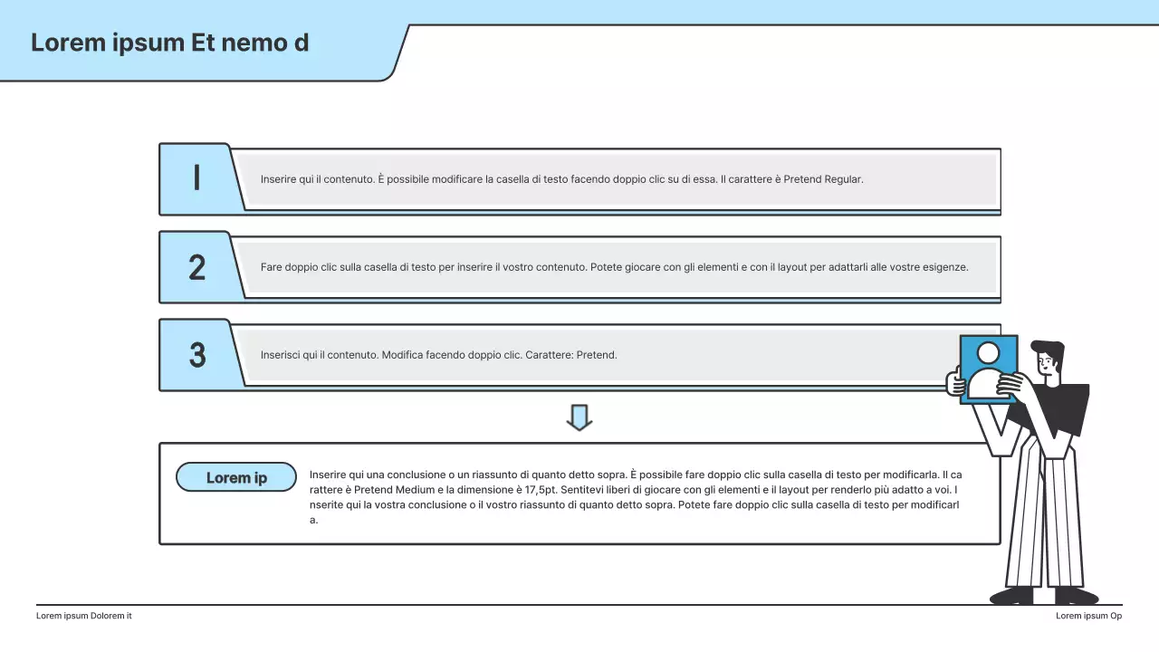 Una proposta politica con un'illustrazione pulita in azzurro e una forma a punto indice.