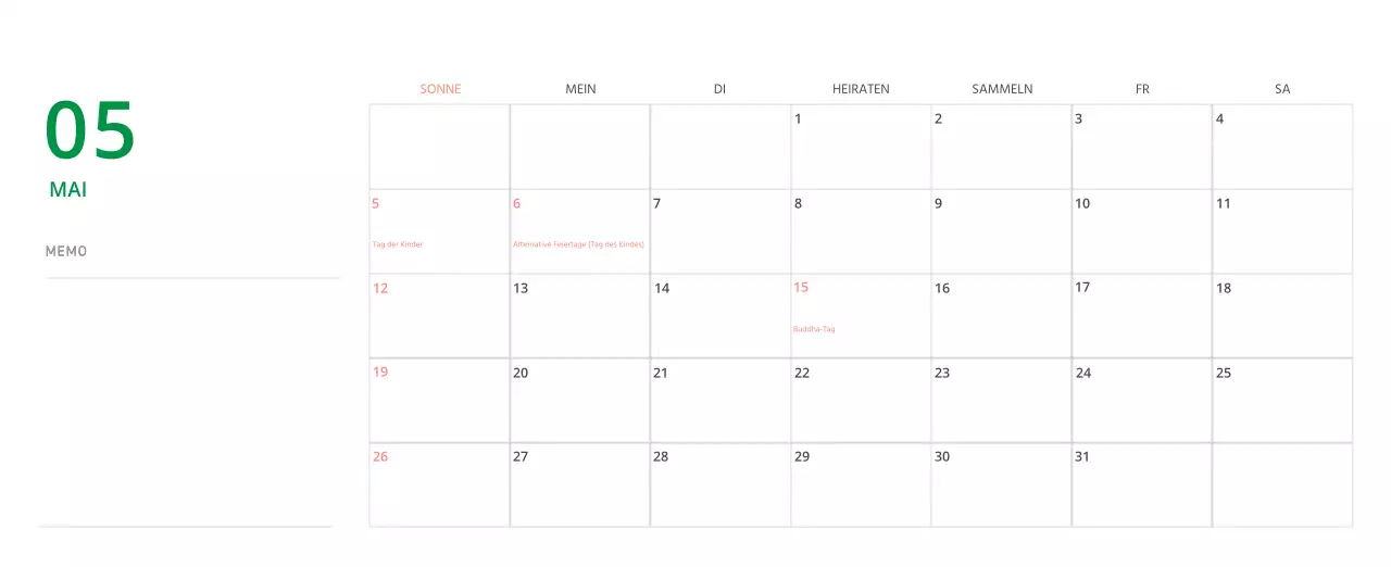 Niedlich illustrierter grüner Tischkalender mit Familienthemen