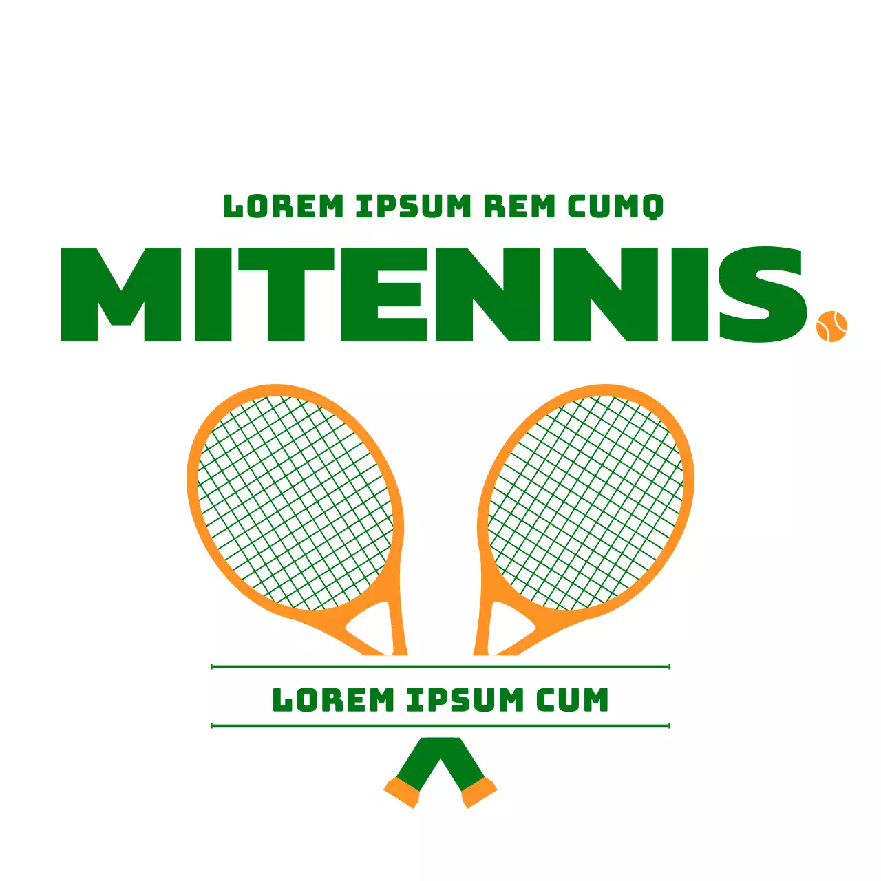 Promotie van een tennisschool met een illustratie van tennisparafernalia in groen en oranje.