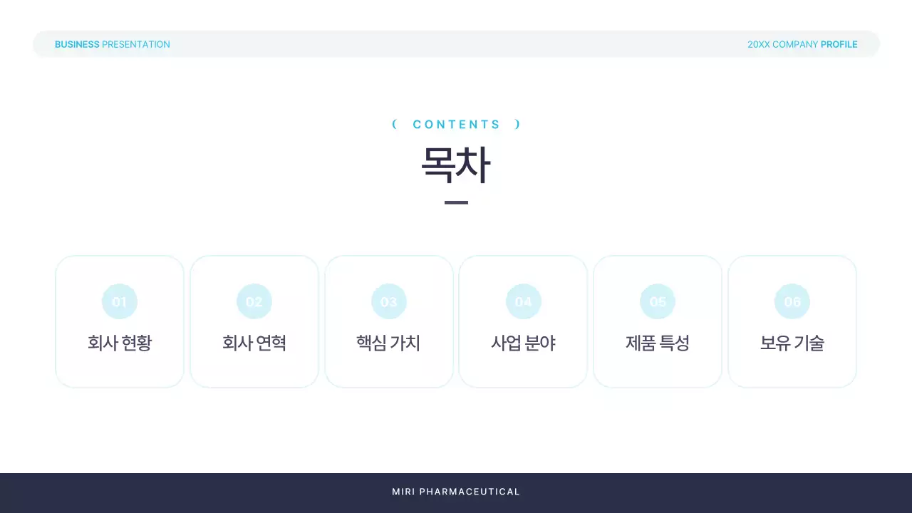 하늘색과 남색의 심플한 의료 제약 회사소개서