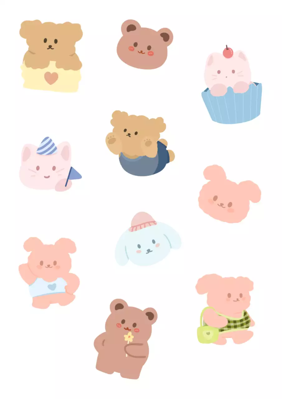 Autocolantes de frases com ilustrações de personagens de ursinhos, cães e gatos em tons de rosa e castanho