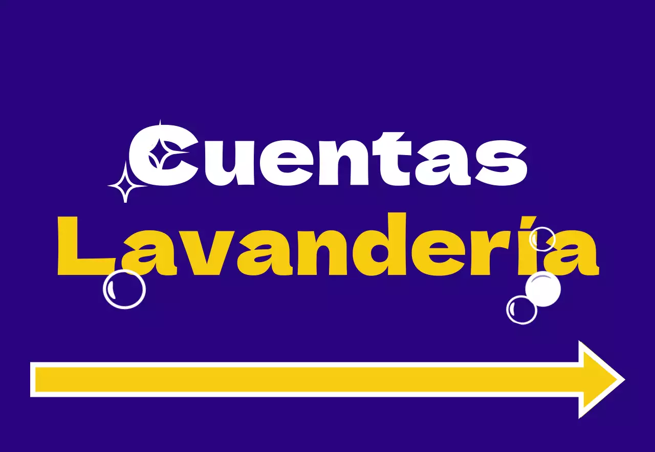 Señalización de tiendas de fácil lectura con texto en azul, amarillo, naranja y blanco de lavandería de cuentas e ilustraciones de lunares, estrellas y flechas.