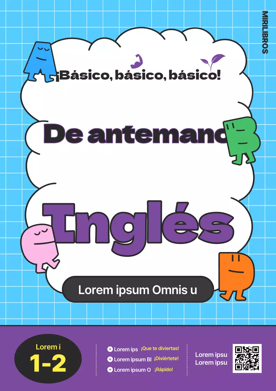 Libro de texto de inglés para primaria con caracteres alfabéticos azul claro y morado